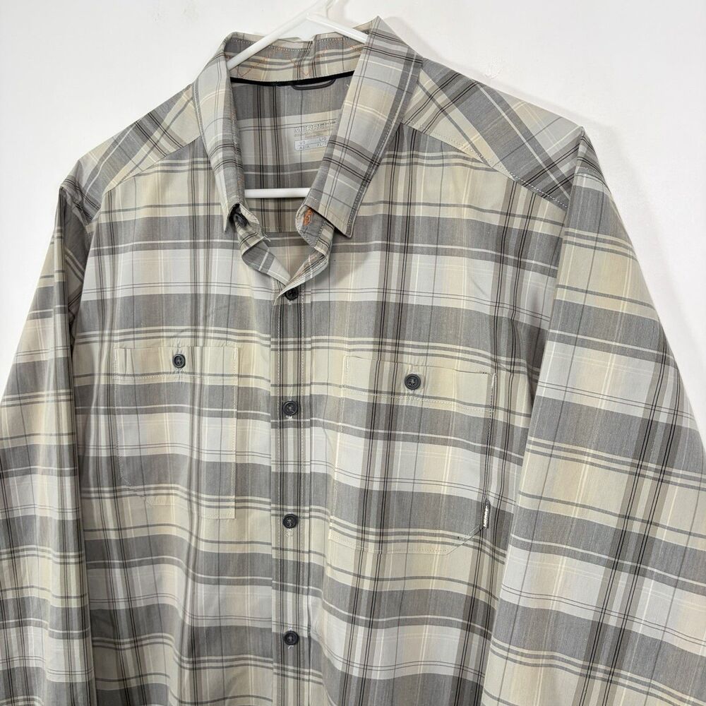 Merrell Button Down Shirt Mens Size Large Gray Yellow Plaid Long Sleeve